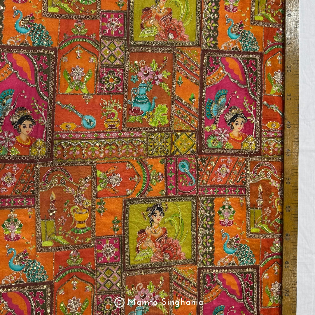 Orange Traditional Figure Embroidered Silk Crepe Lehenga Fabric