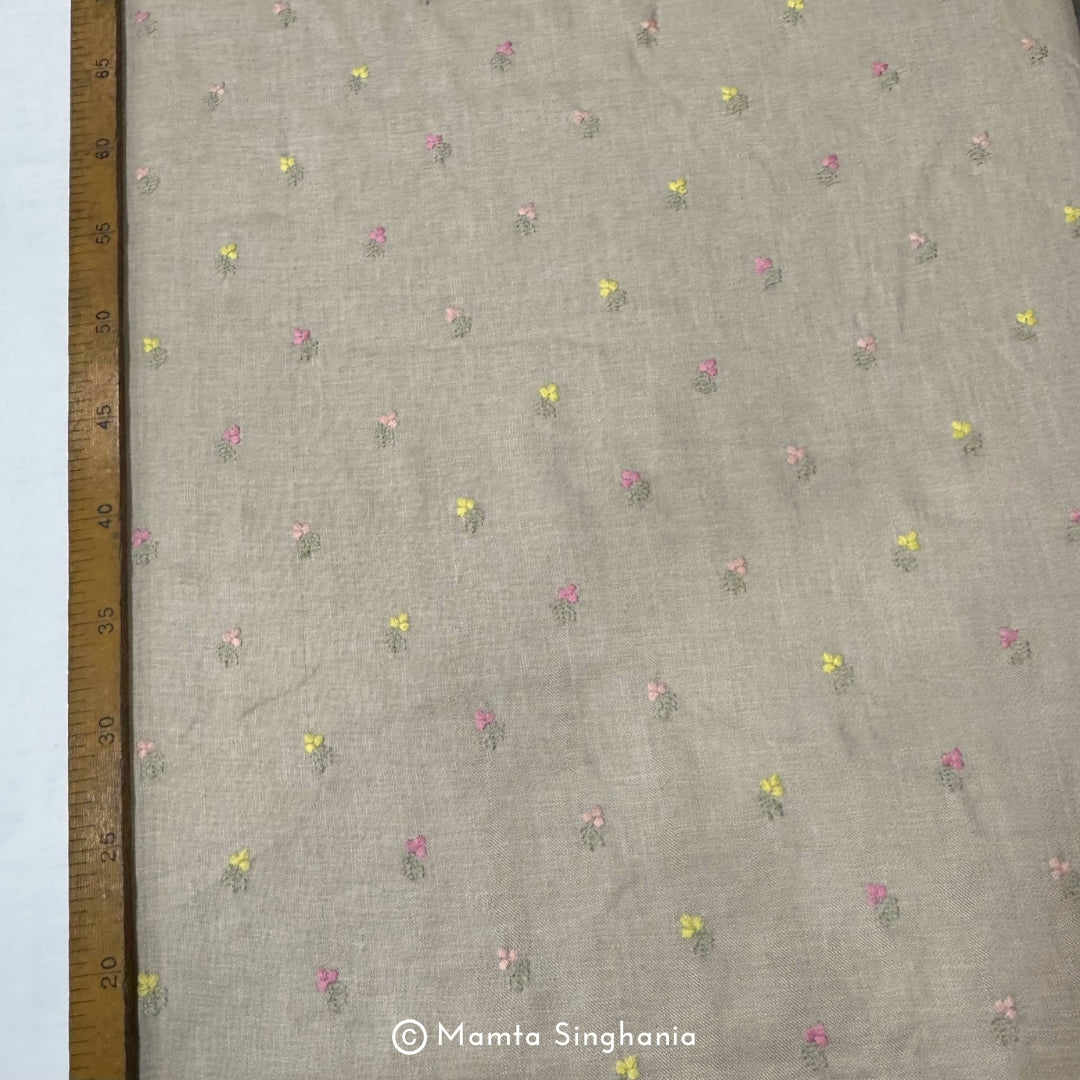 Beige Floral Embroidered Linen Fabric