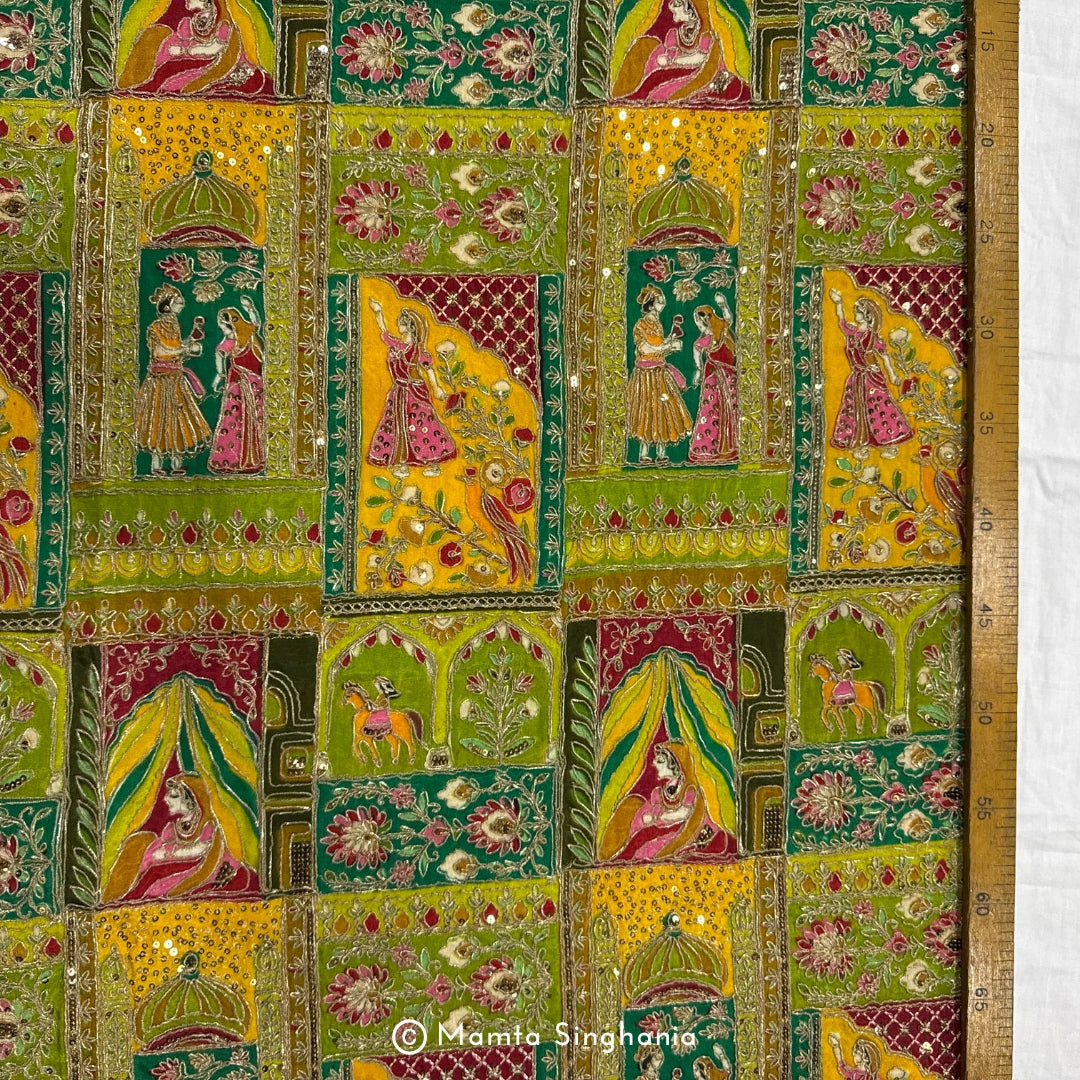 Green Traditional Figure Embroidered Silk Crepe Lehenga Fabric (1.75m)