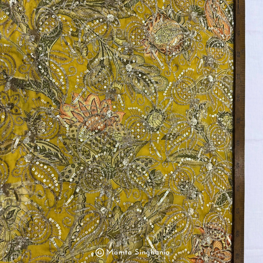 Yellow Floral Embroidered Silk Crepe Lehenga Fabric