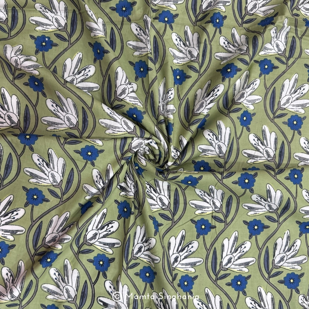 Green Floral Printed Cotton Fabric