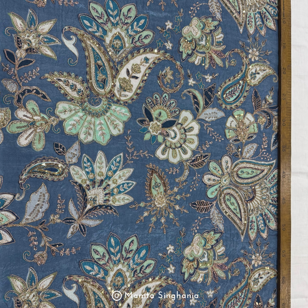 Coral Blue Floral Embroidered Silk Crepe Lehenga Fabric