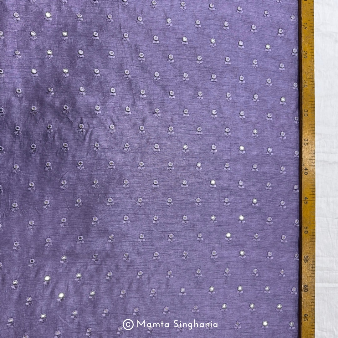 Pastel Violet Mirror Work Embroidered Raw Silk Fabric