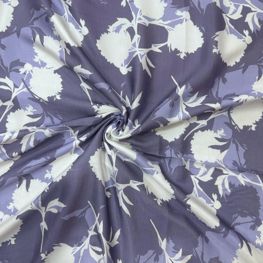 Lavender Blue Floral Printed Modal Satin Fabric