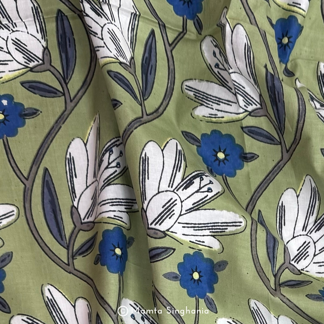 Green Floral Printed Cotton Fabric
