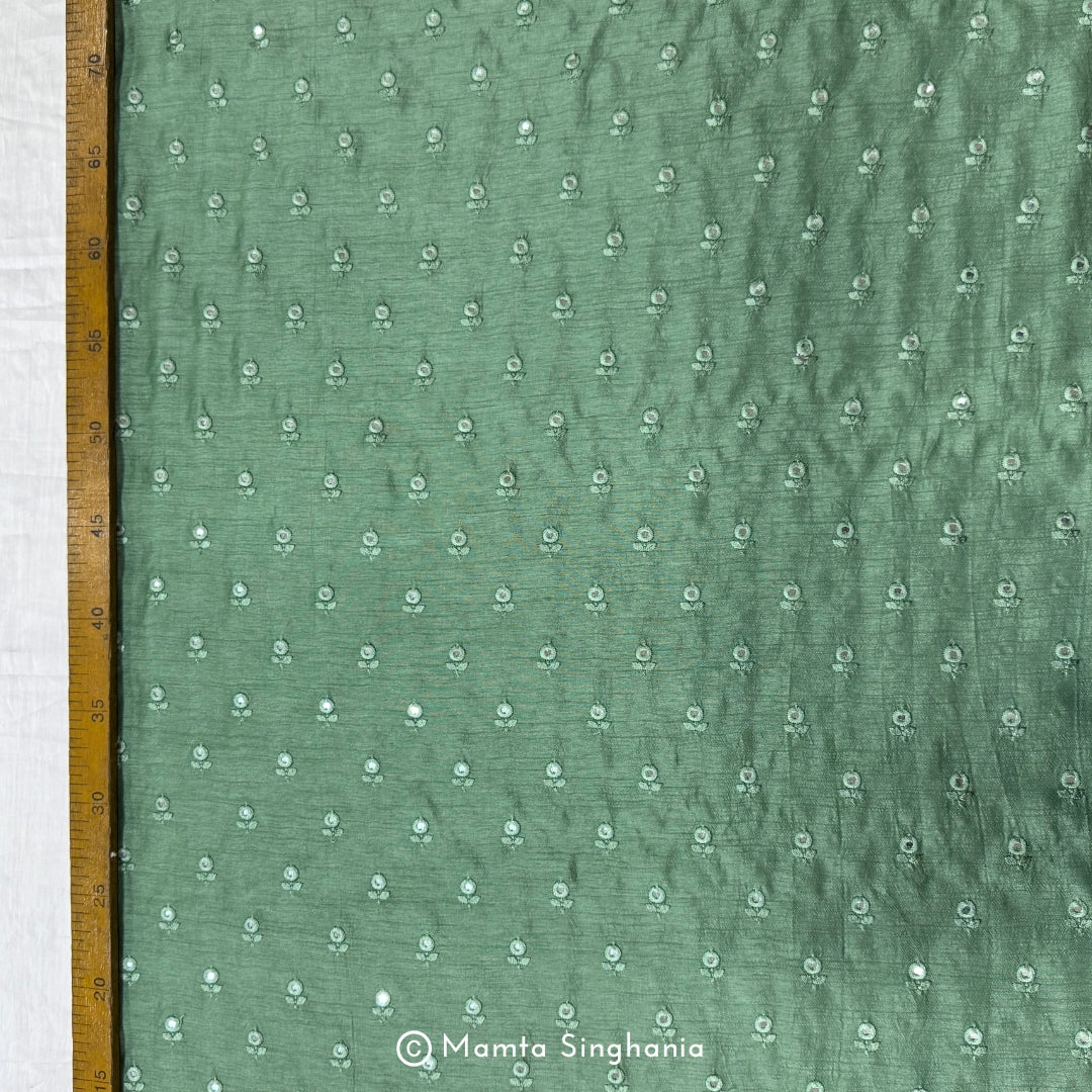 Forest Green Mirror Work Embroidered Raw Silk Fabric