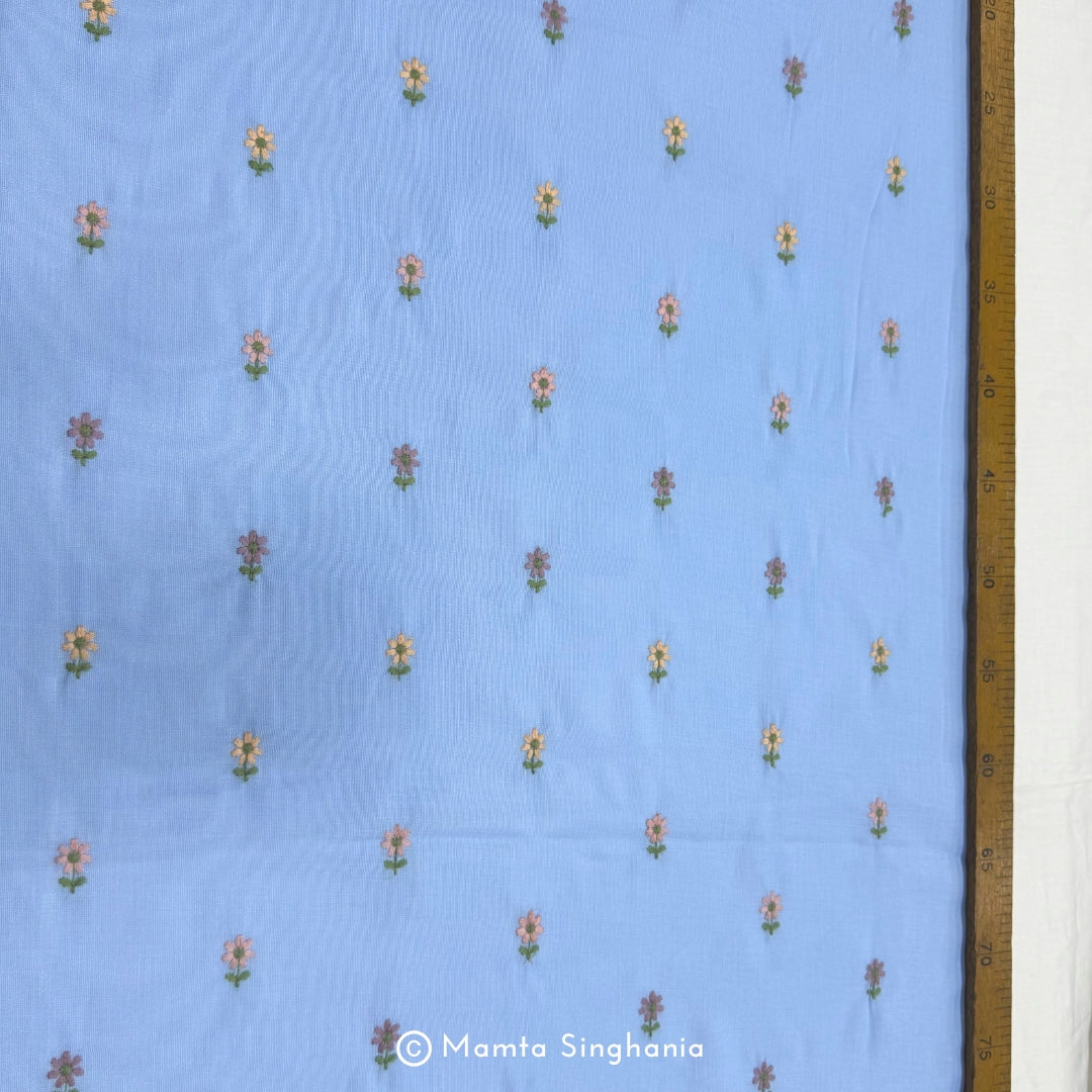 Blue Floral Embroidered Linen Fabric
