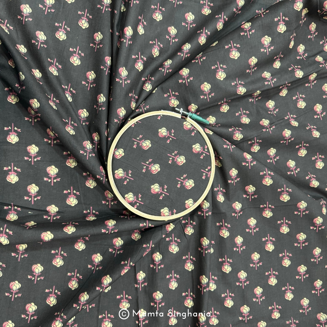 Dark Brown Floral Printed Cotton Fabric