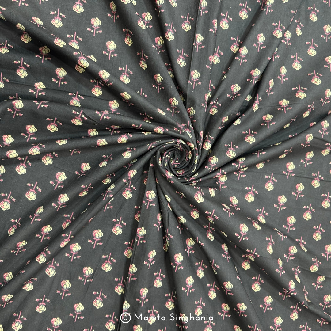 Dark Brown Floral Printed Cotton Fabric
