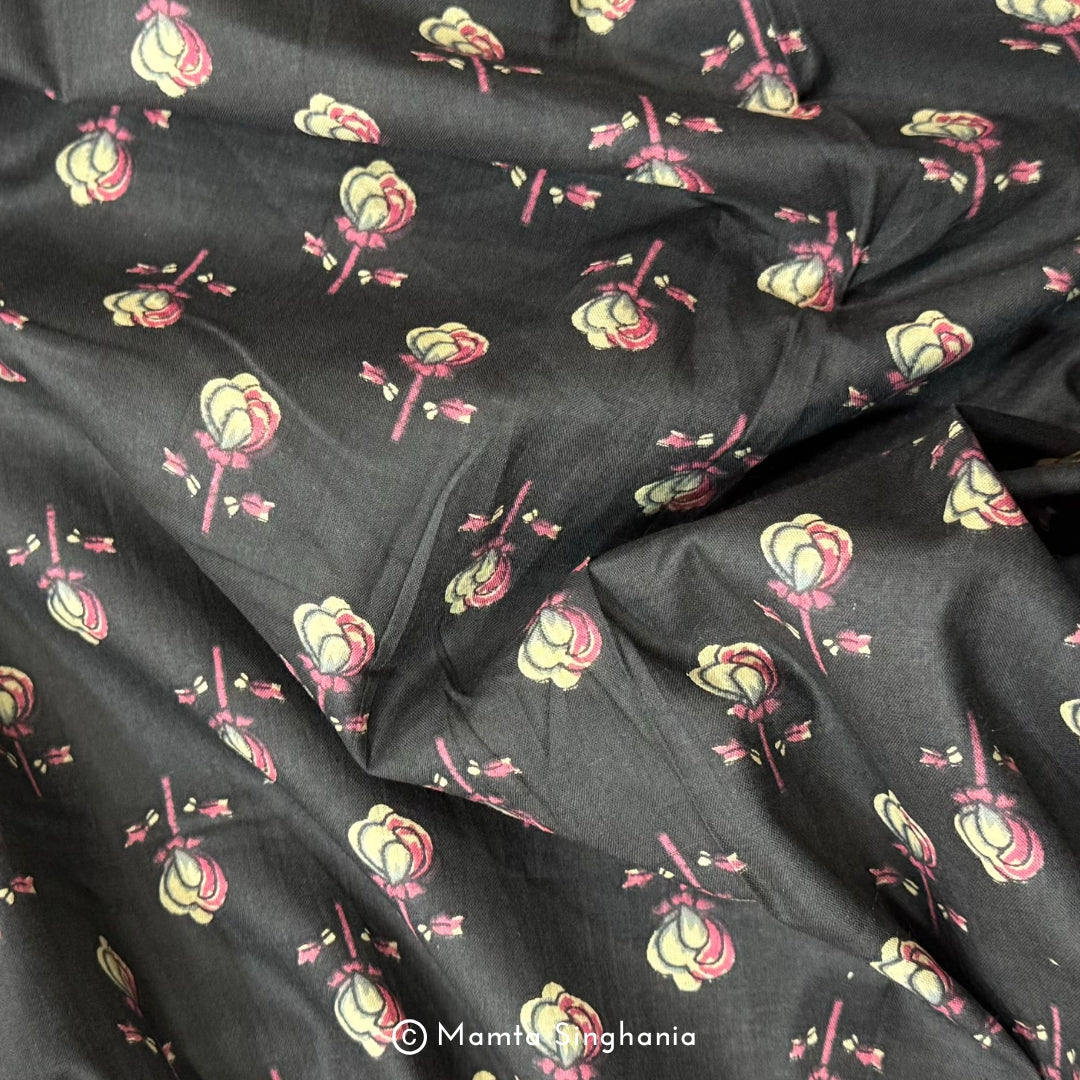 Dark Brown Floral Printed Cotton Fabric