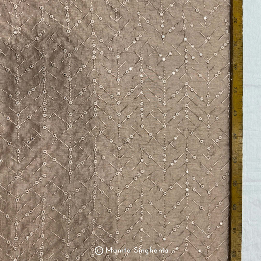 Khaki Brown Mirror Work Embroidered Raw Silk Fabric