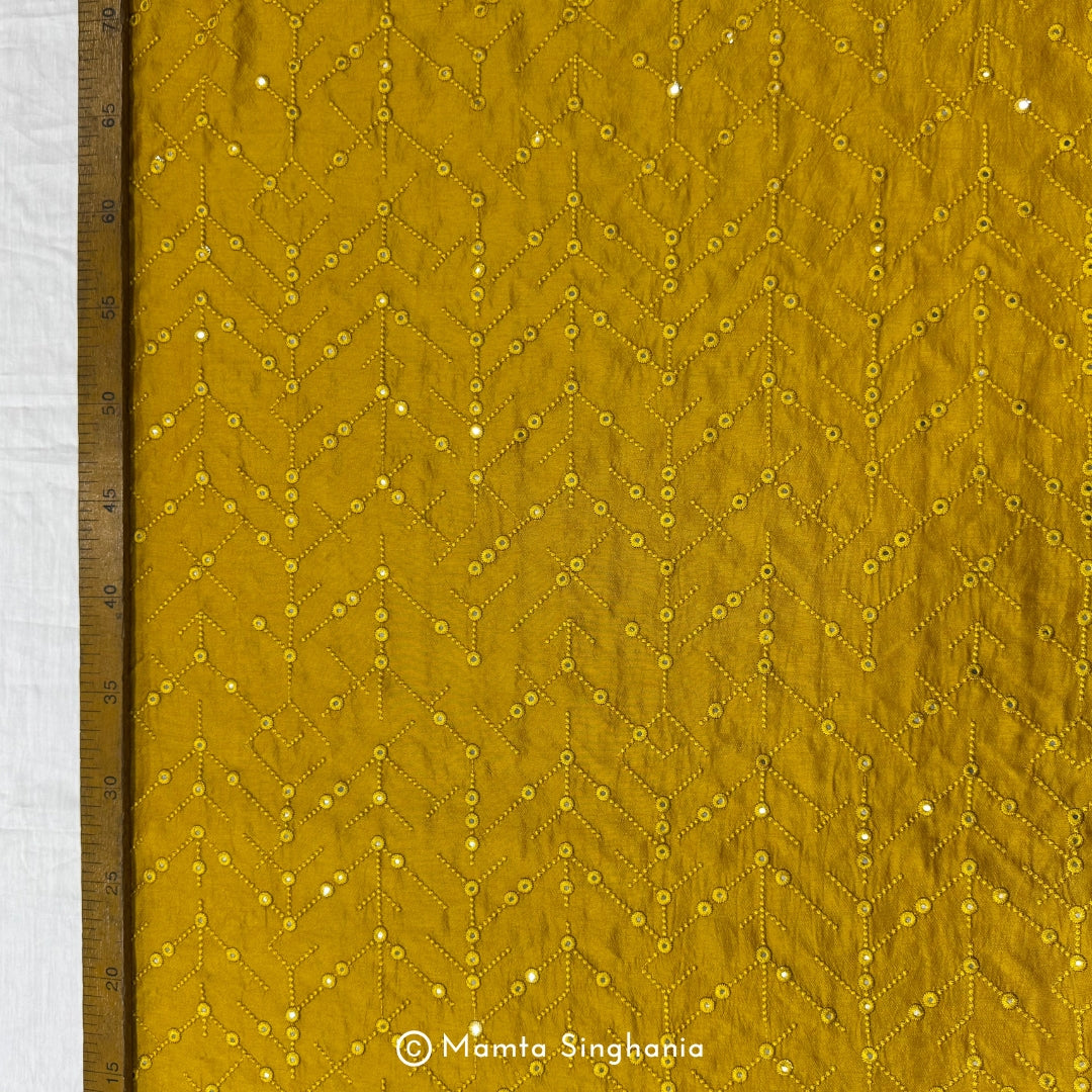Haldi Yellow Mirror Work Embroidered Raw Silk Fabric