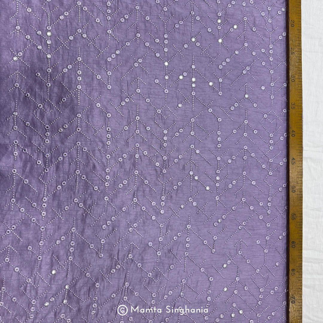Lavender Mirror Work Embroidered Raw Silk Fabric