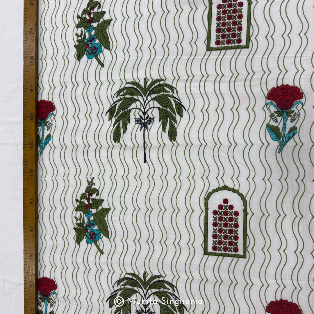 White Floral Printed Cotton Fabric