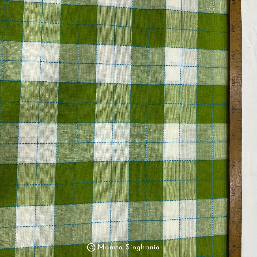 Green and White Checks Handloom Khadi Cotton Fabric