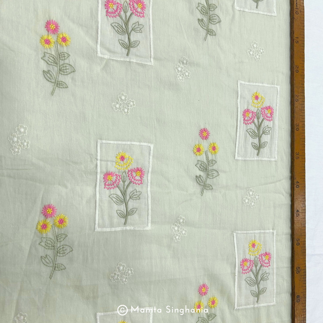Light Pastel Green Floral Embroidered Mul Chanderi Fabric