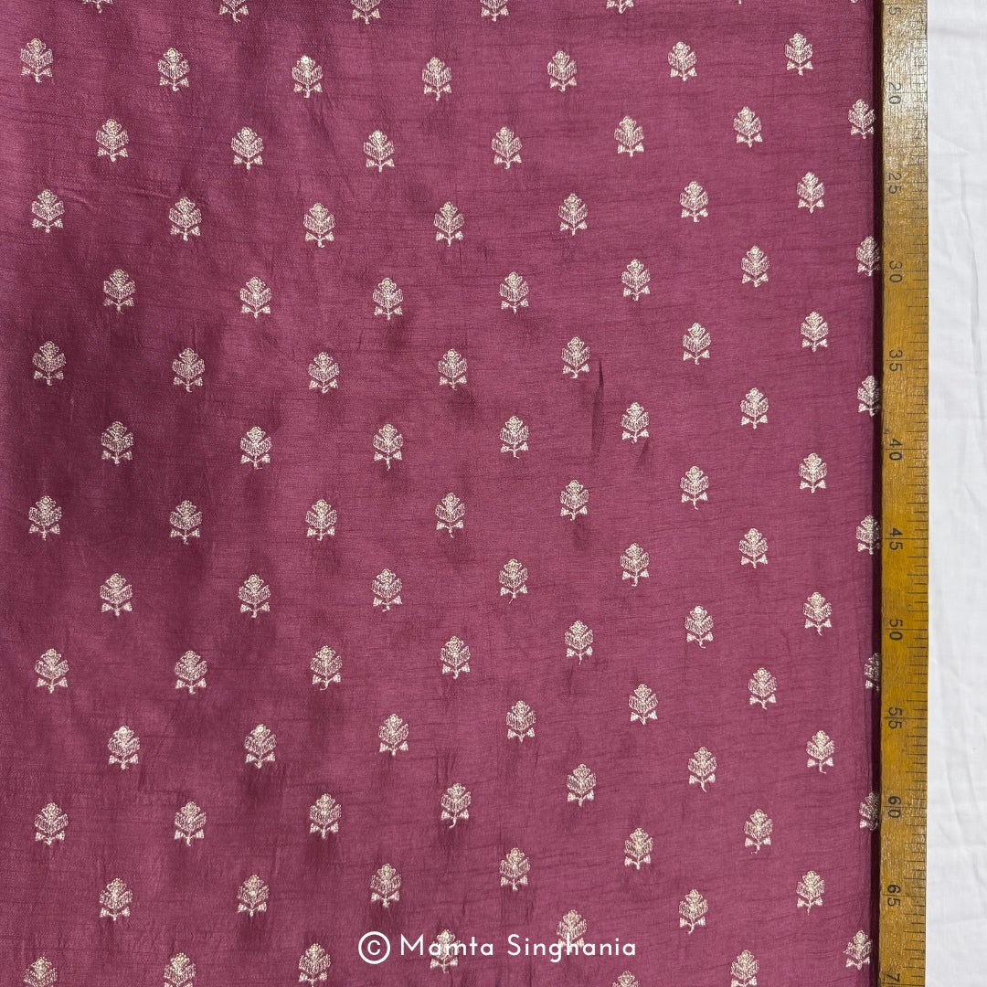 Wine Floral Embroidered Raw Silk Fabric