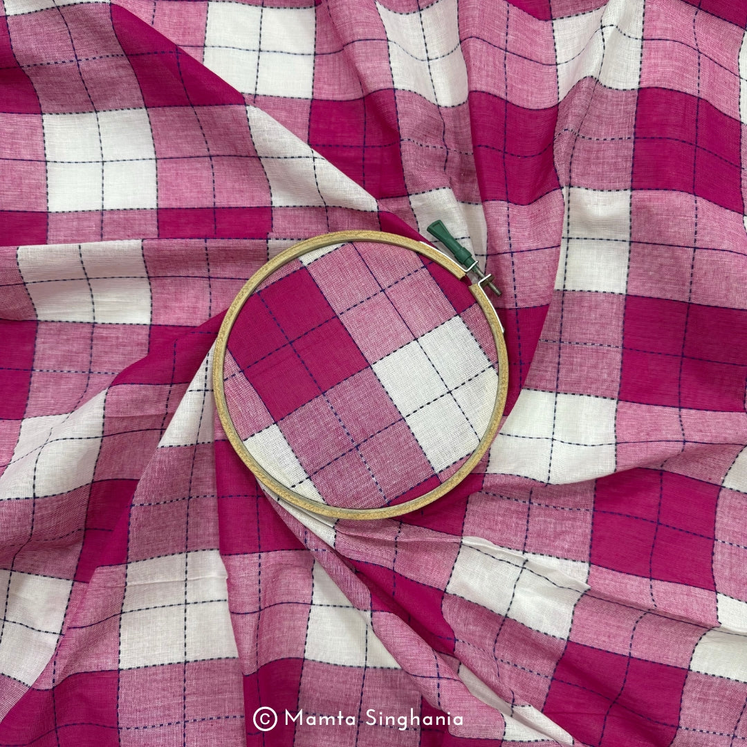 Pink and White Checks Handloom Khadi Cotton Fabric