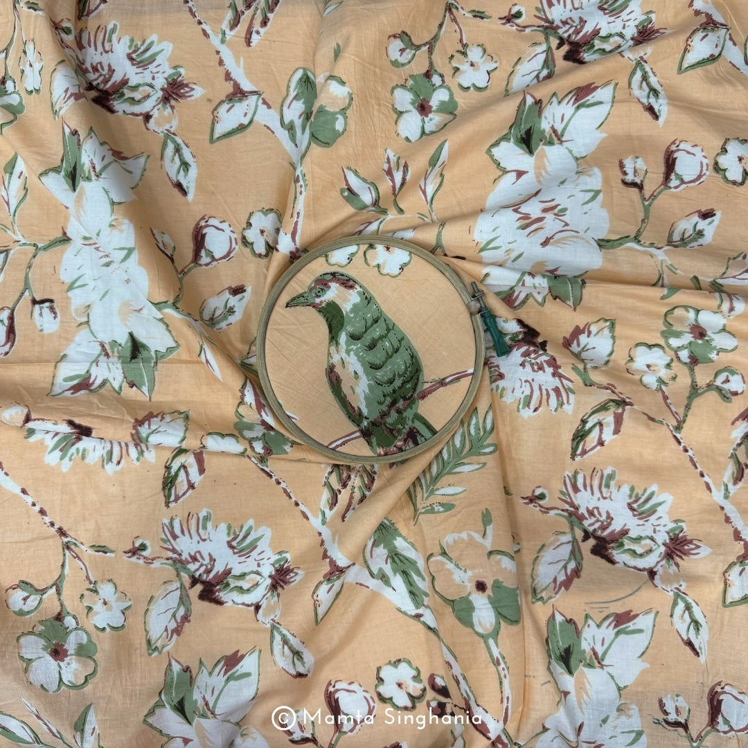 Peach Floral Bird Printed Cotton Fabric