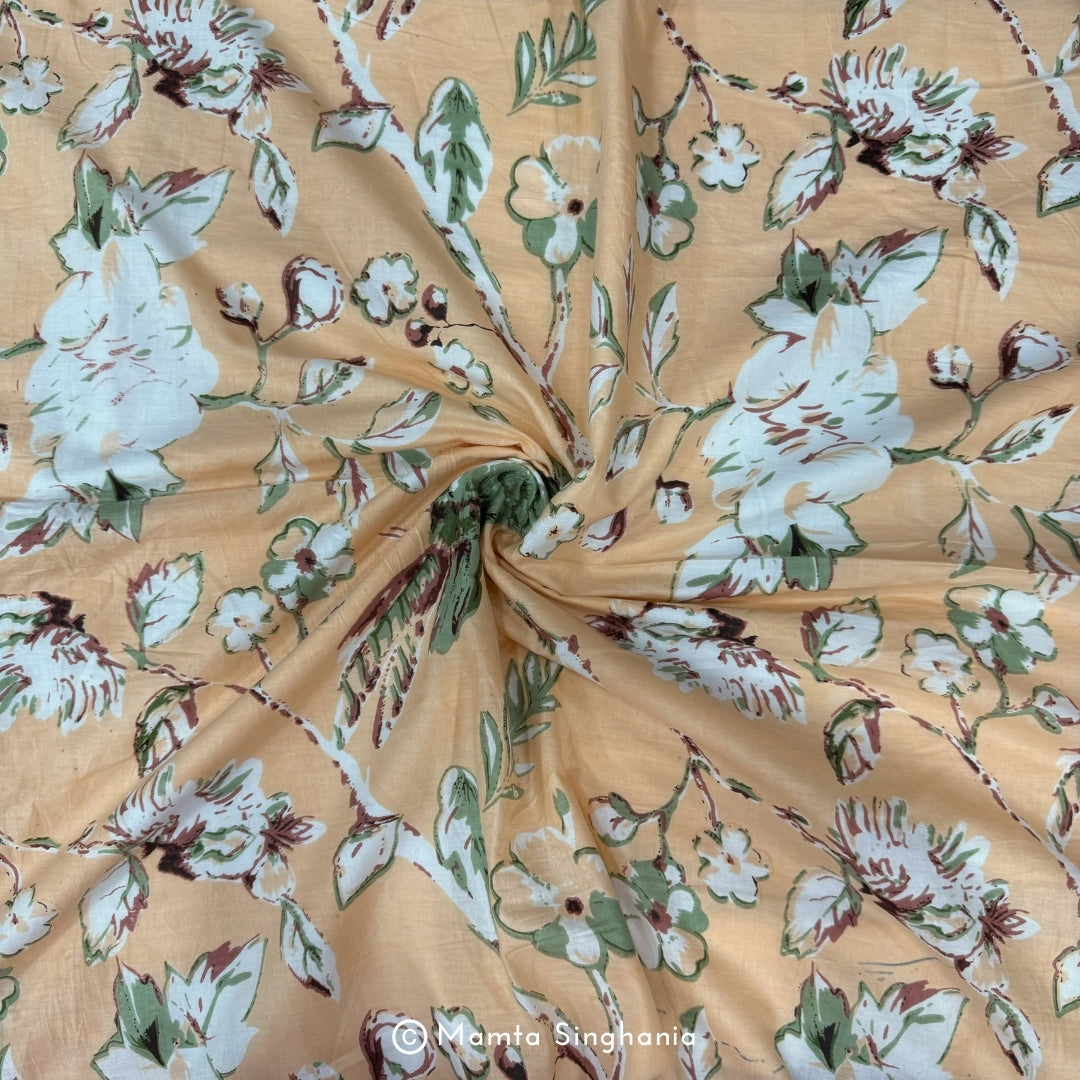 Peach Floral Bird Printed Cotton Fabric