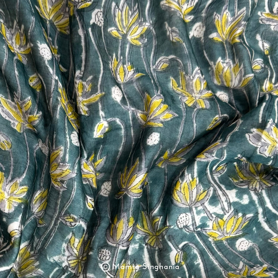 Hand-Block Blue Cream Floral Printed Chanderi Dupatta