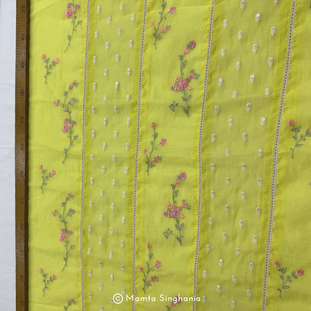 Yellow Floral Embroidered Mul Chanderi Fabric