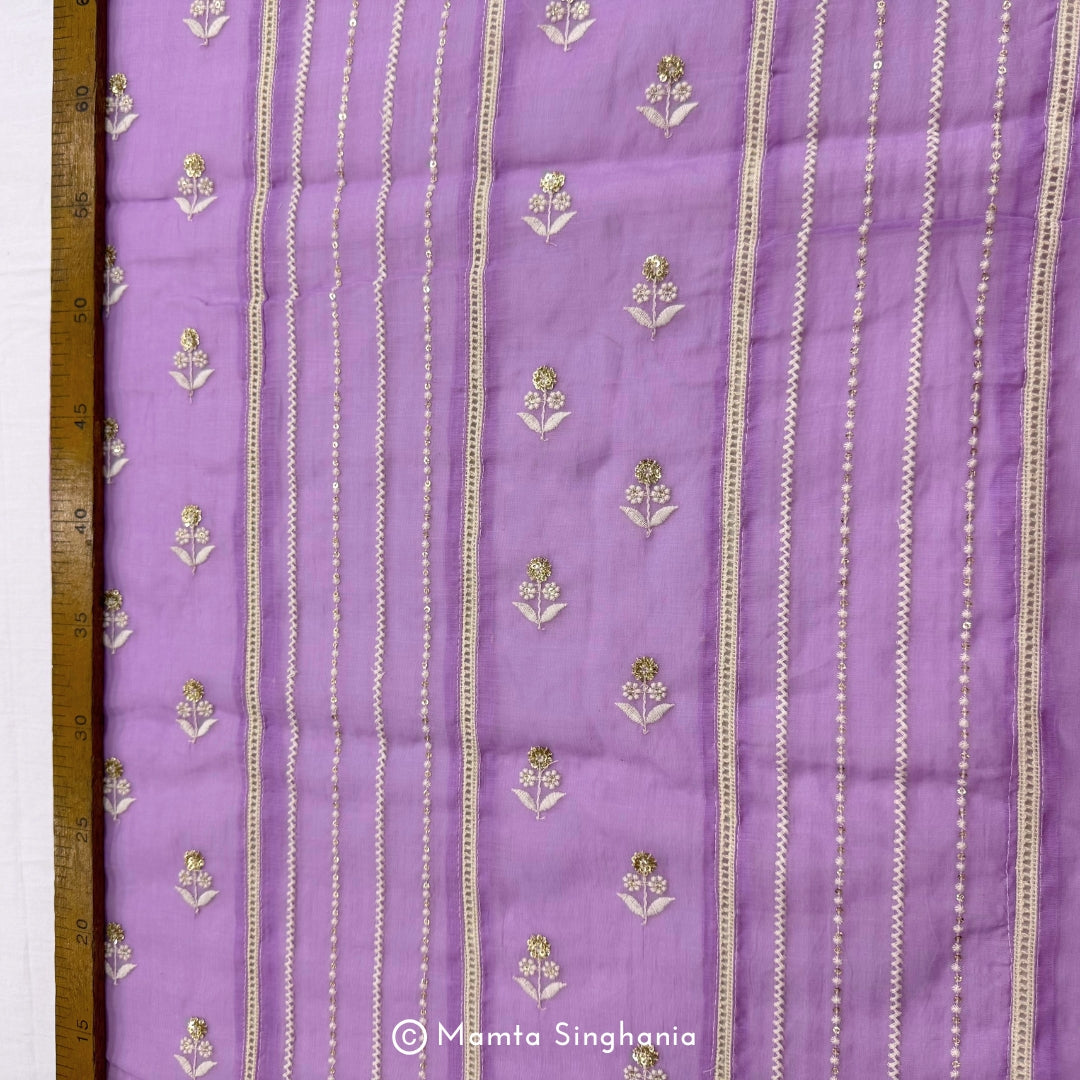 Purple Floral Embroidered Mul Chanderi Fabric