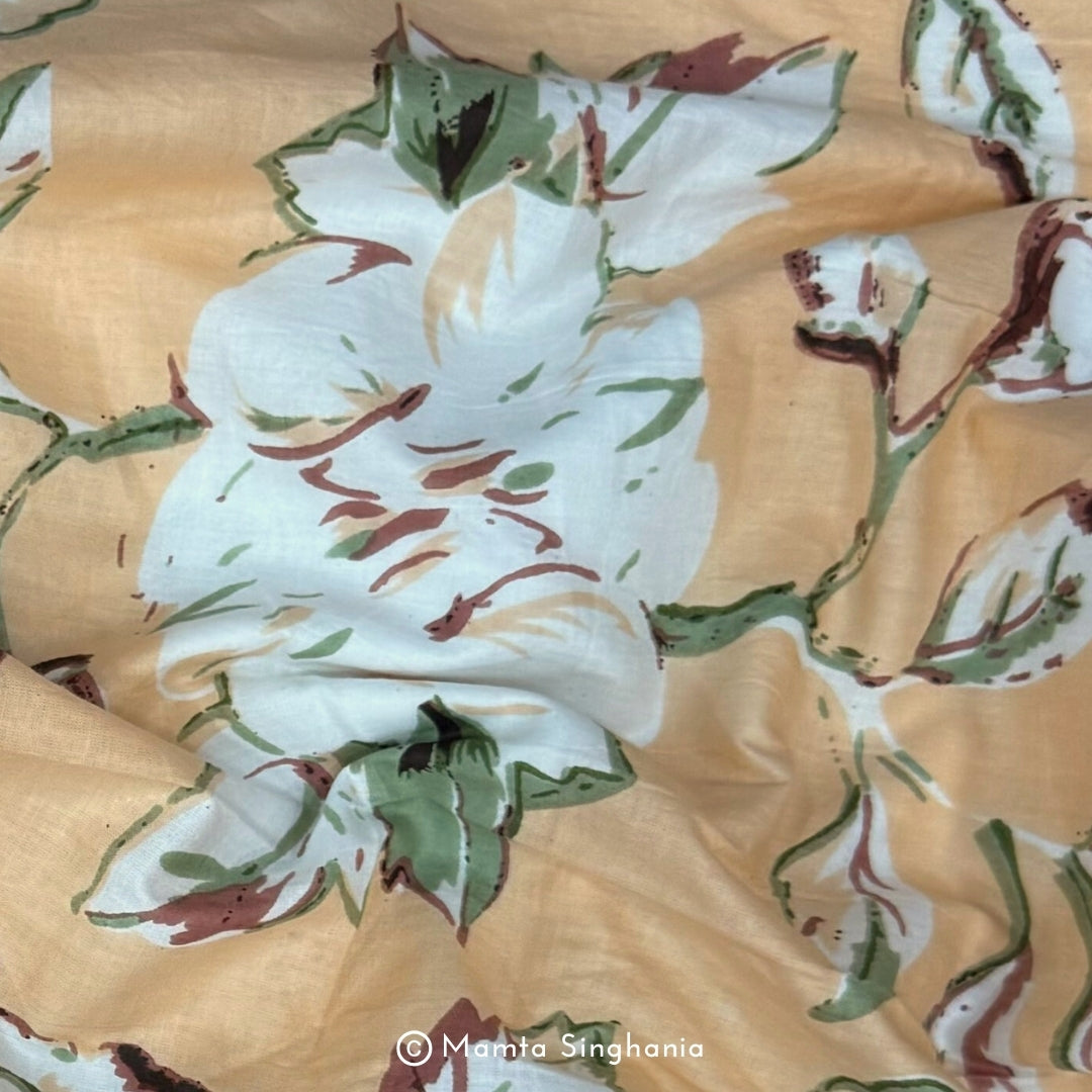 Peach Floral Bird Printed Cotton Fabric