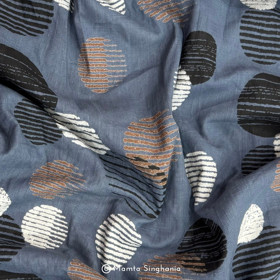Blue Polka Printed Linen Fabric