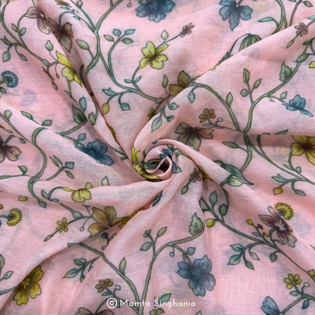Pink Floral Pichwai Printed Mul Chanderi Fabric
