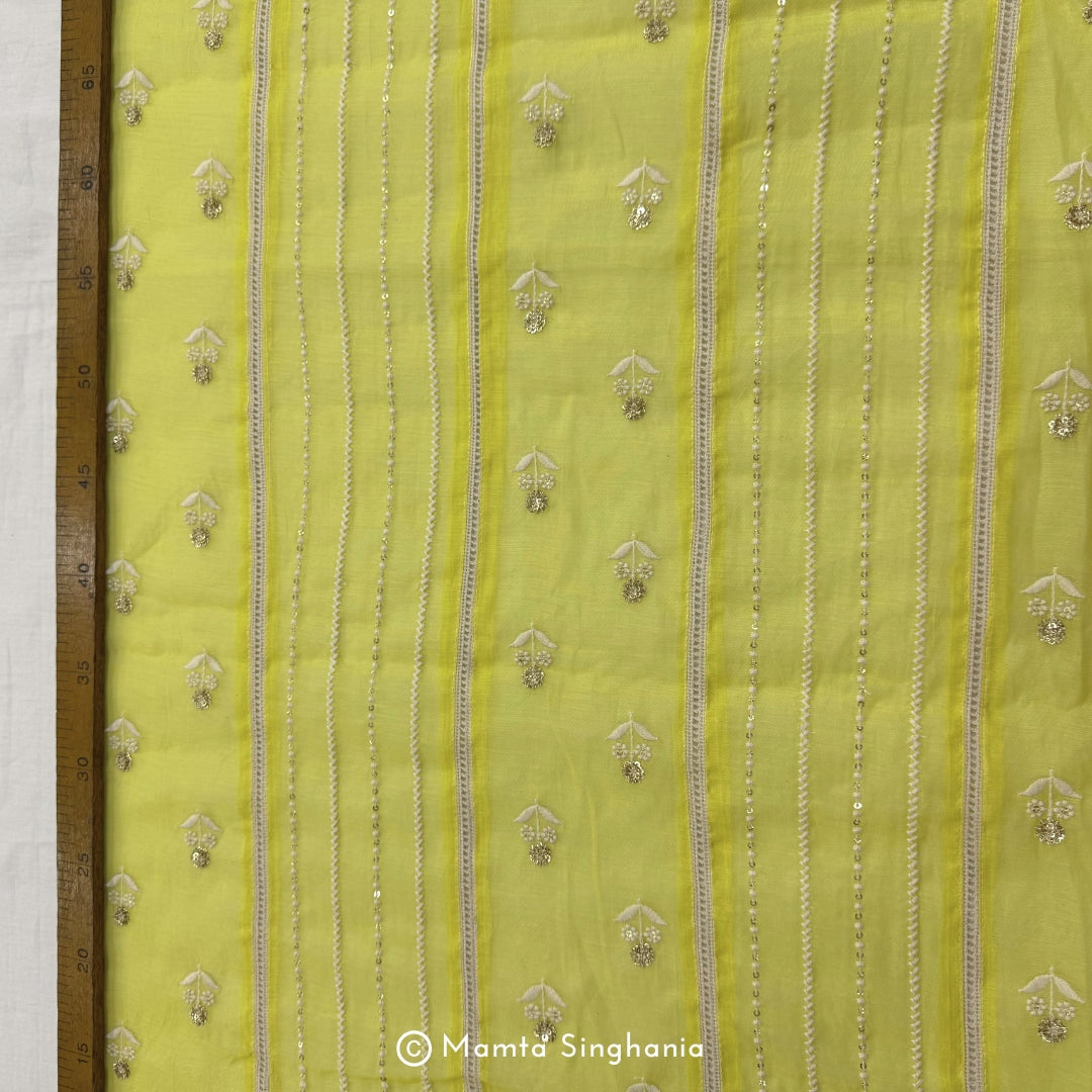 Yellow Floral Embroidered Mul Chanderi Fabric