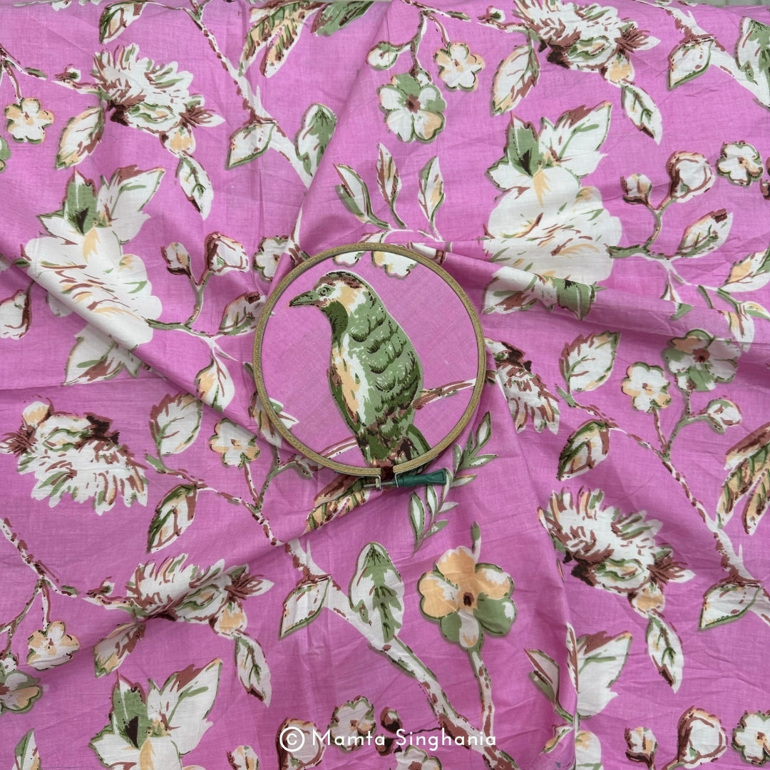 Pink Floral Bird Printed Cotton Fabric
