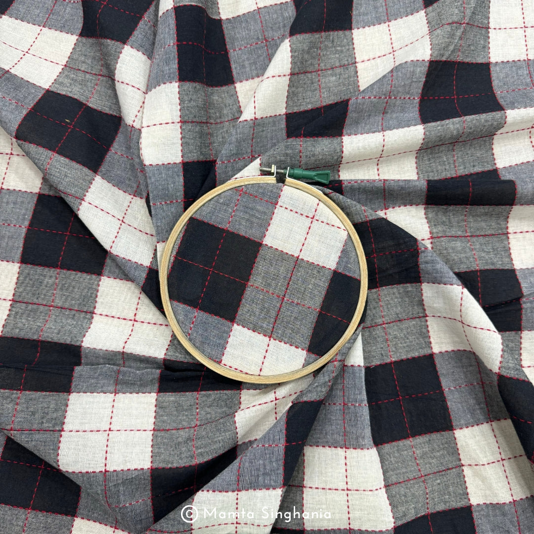 Black and White Checks Handloom Khadi Cotton Fabric
