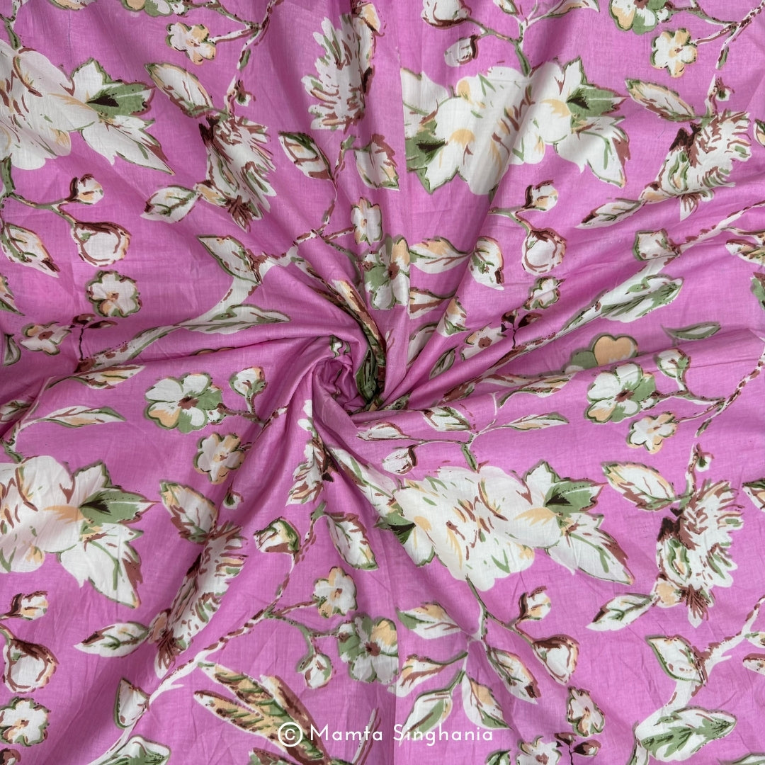 Pink Floral Bird Printed Cotton Fabric