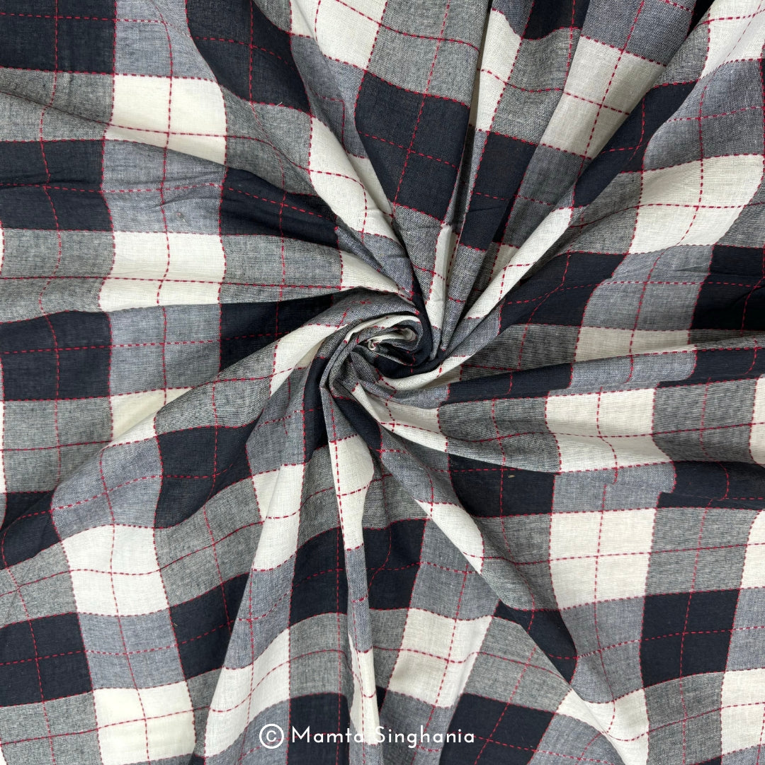 Black and White Checks Handloom Khadi Cotton Fabric