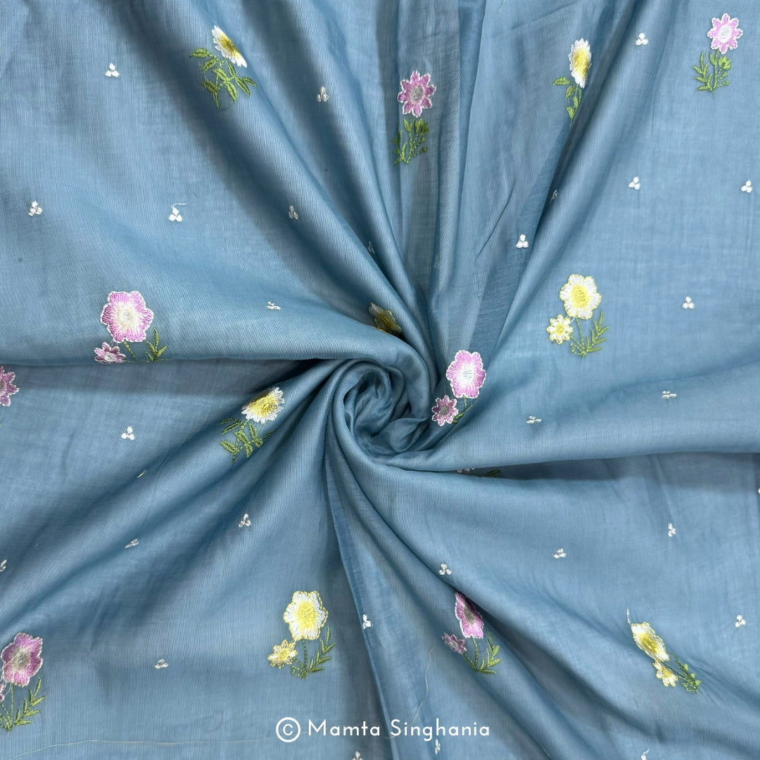 Blue Floral Embroidered Chanderi Fabric