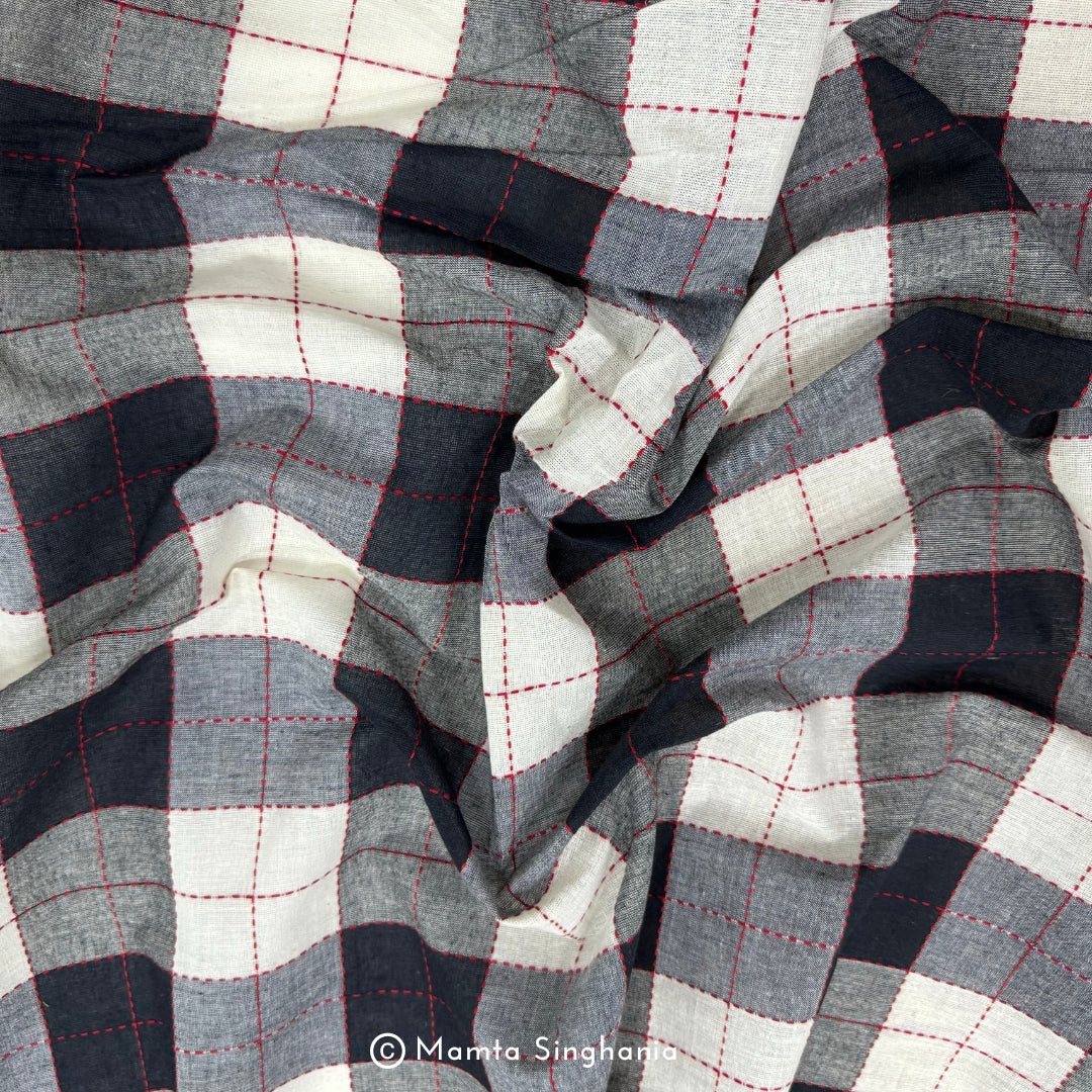 Black and White Checks Handloom Khadi Cotton Fabric