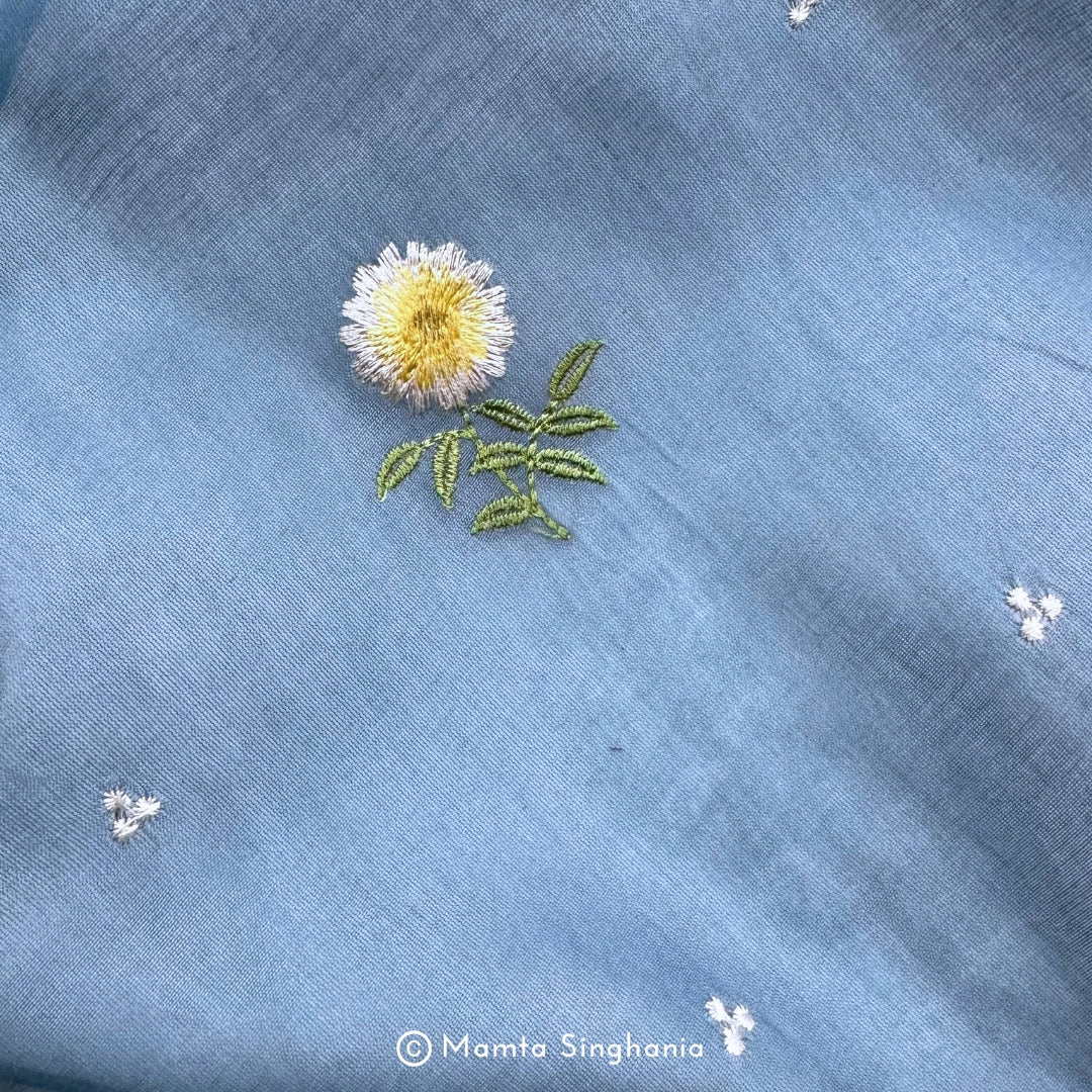 Blue Floral Embroidered Chanderi Fabric