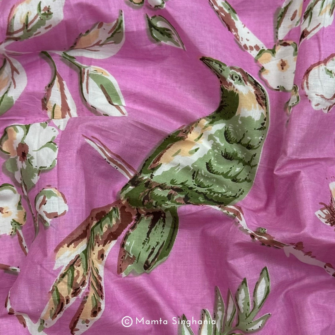 Pink Floral Bird Printed Cotton Fabric