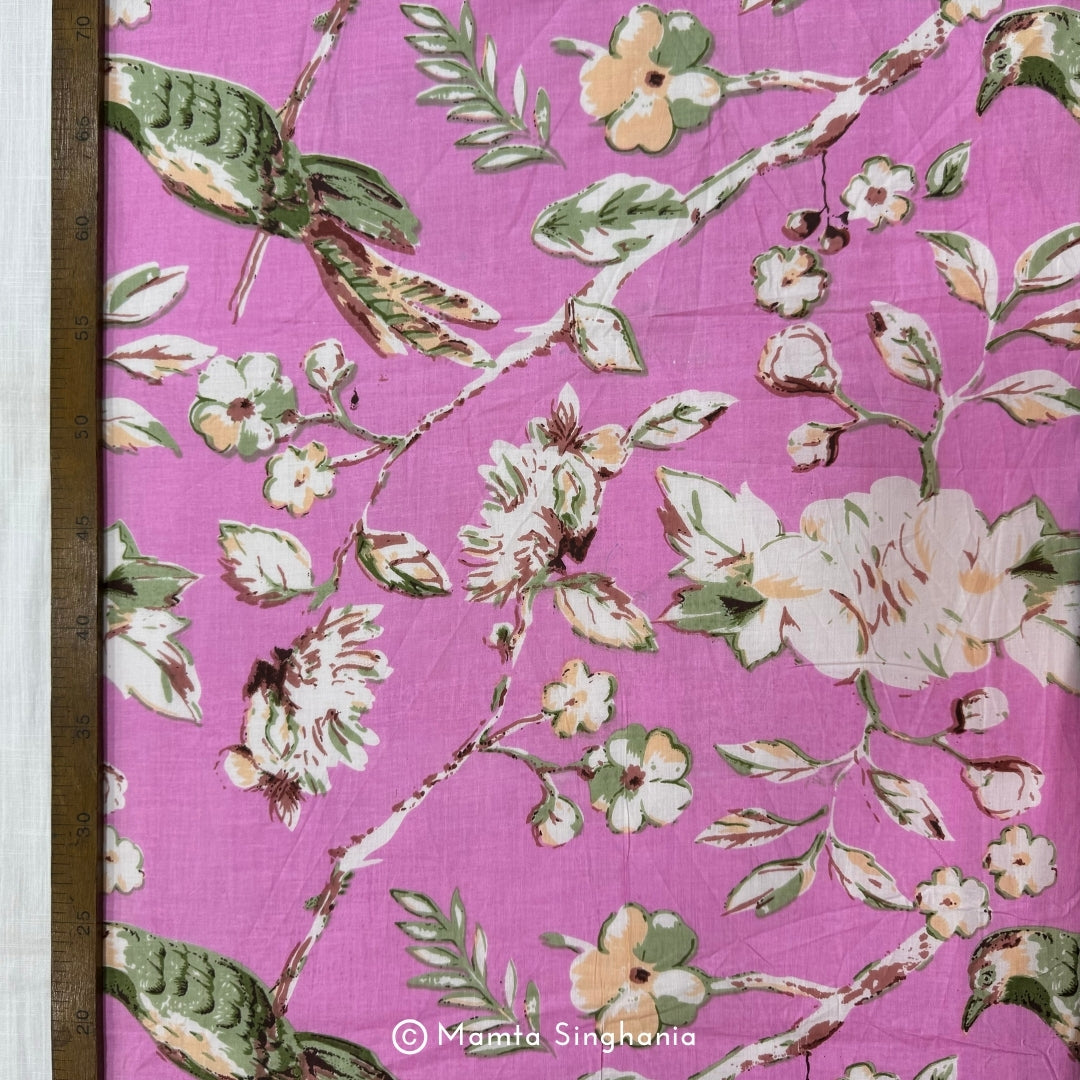 Pink Floral Bird Printed Cotton Fabric