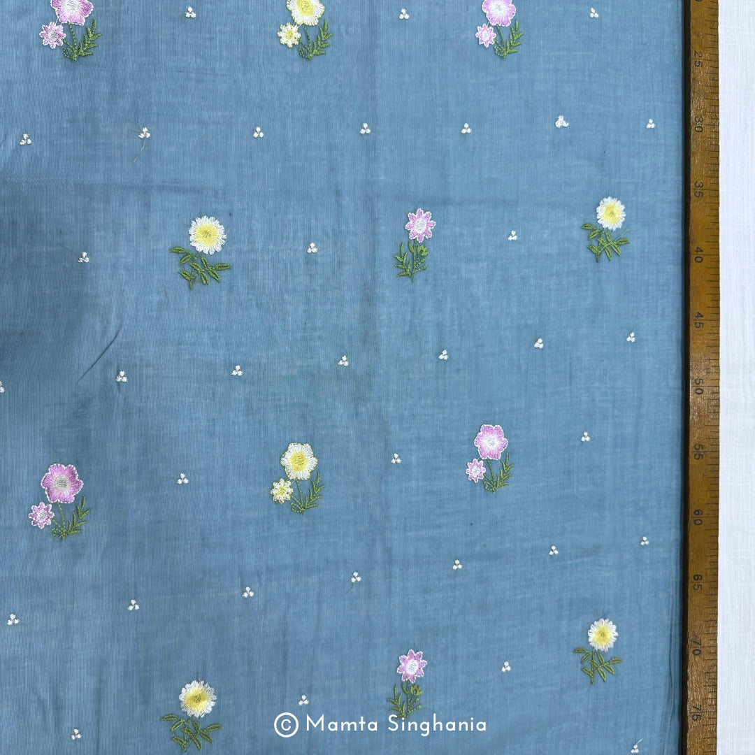 Blue Floral Embroidered Chanderi Fabric
