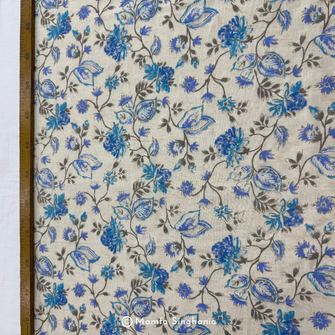 Blue Floral Handloom Cotton Fabric with Foil Print