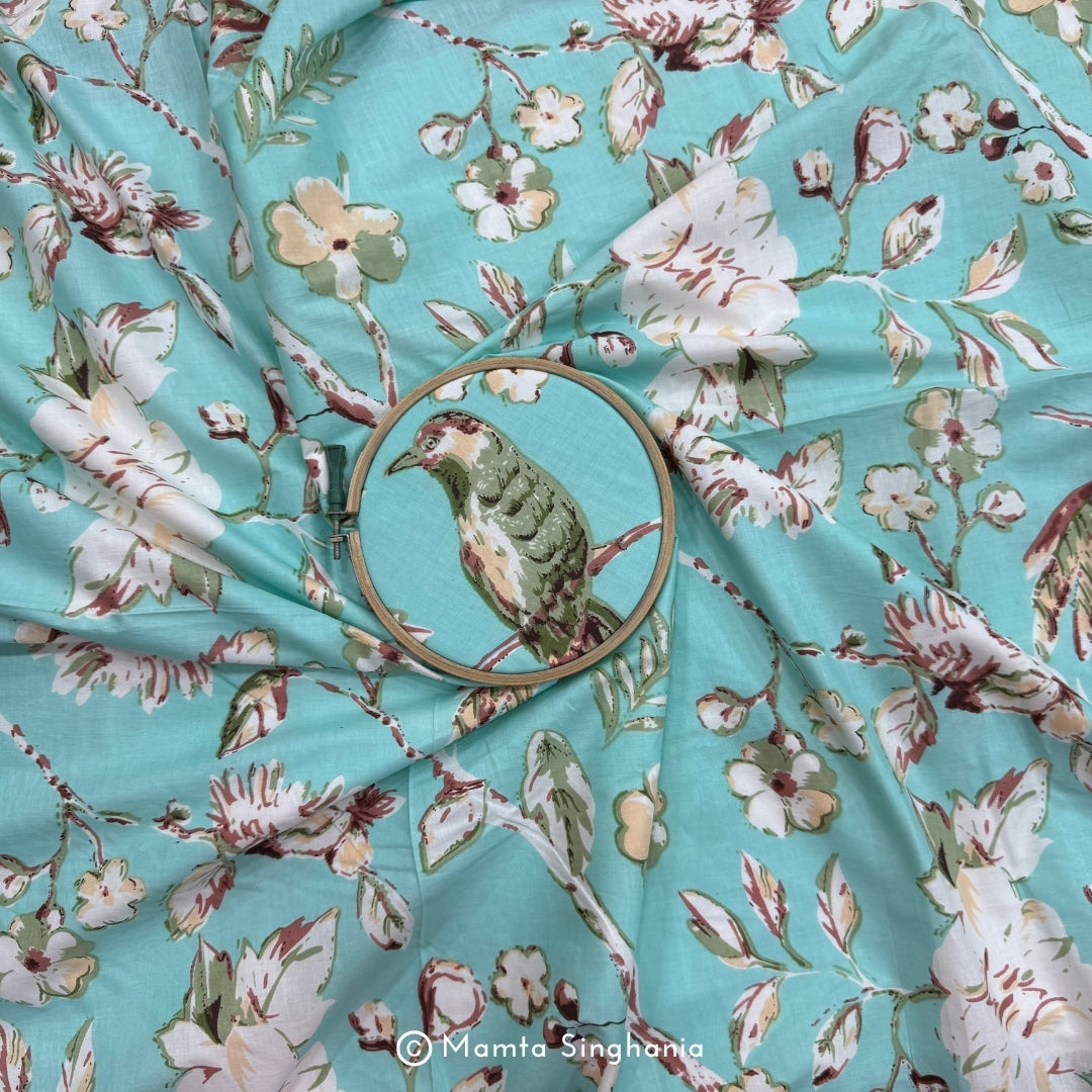 Blue Floral Bird Printed Cotton Fabric