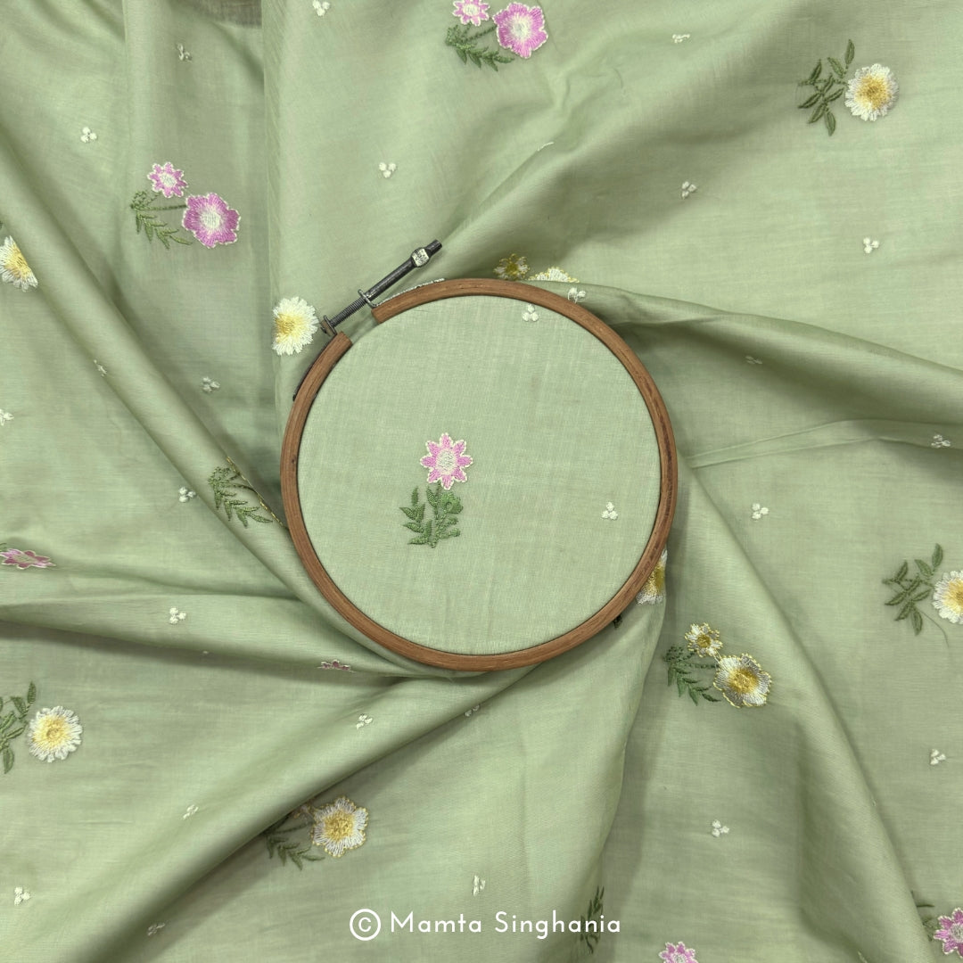 Green Floral Embroidered Chanderi Fabric