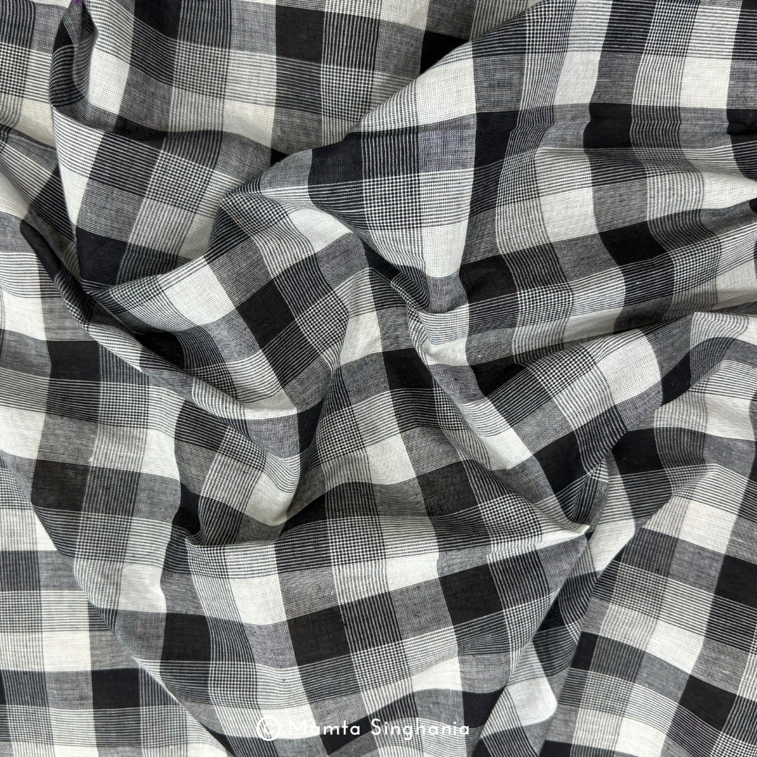 Black and White Checks Handloom Khadi Cotton Fabric