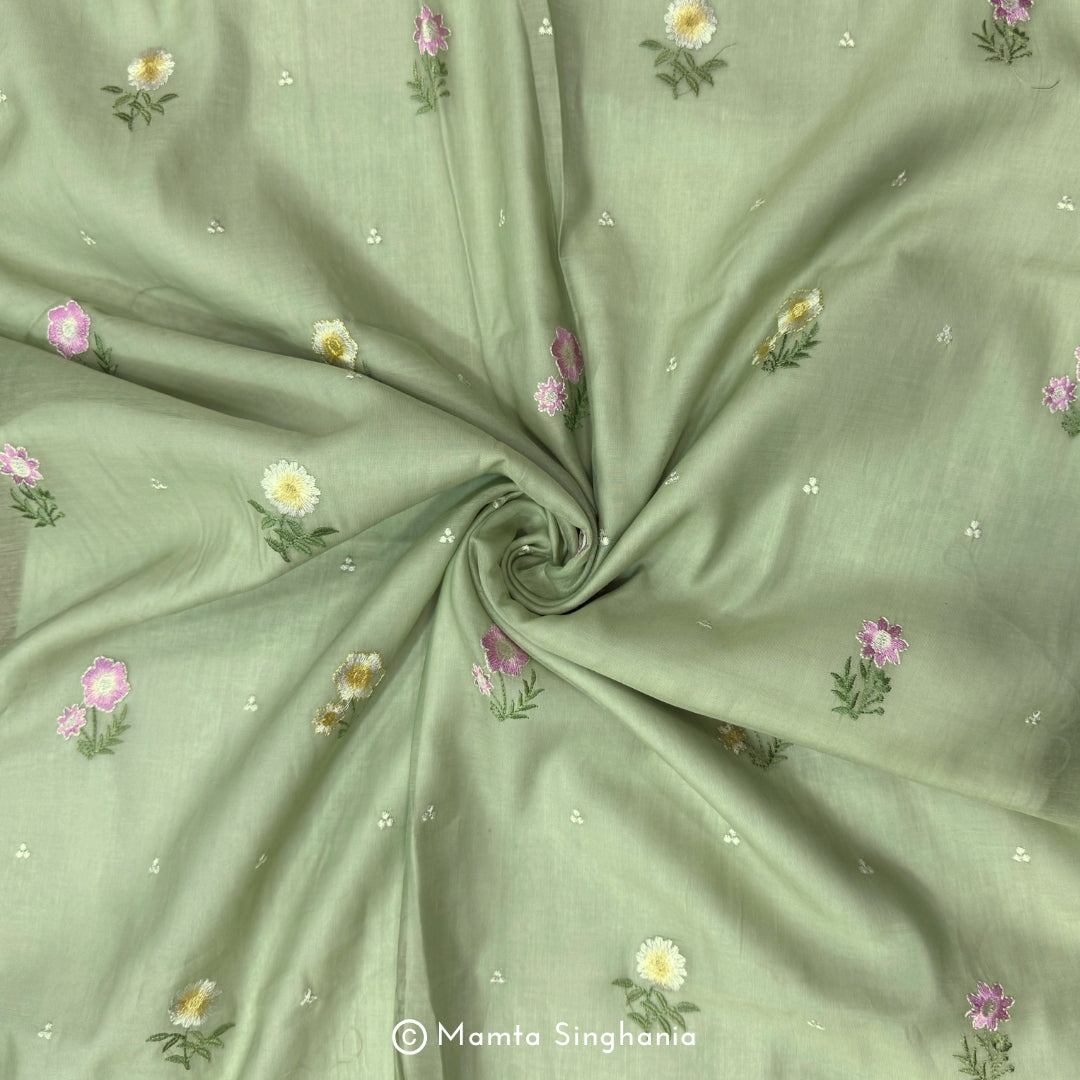 Green Floral Embroidered Chanderi Fabric