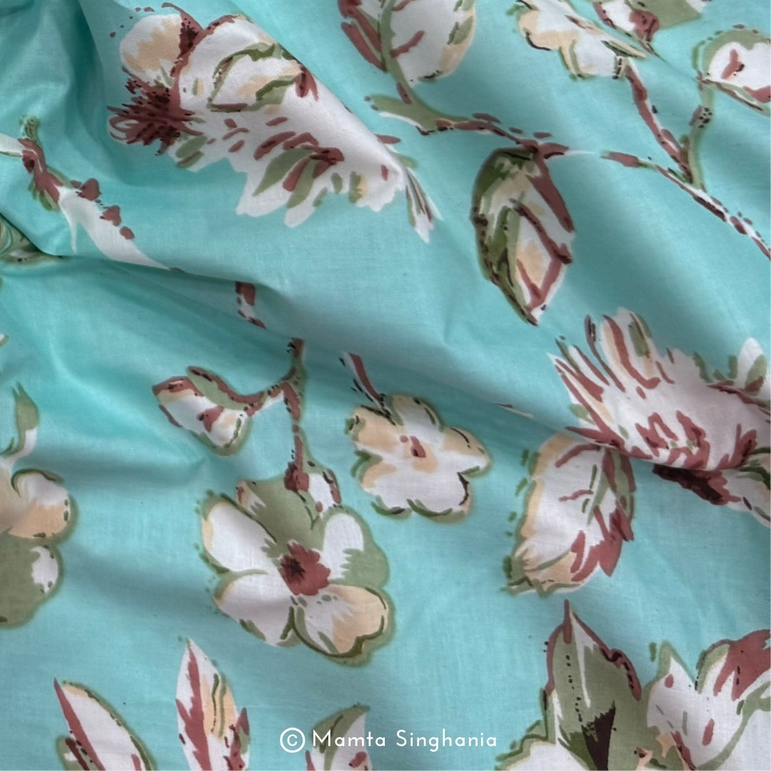 Blue Floral Bird Printed Cotton Fabric