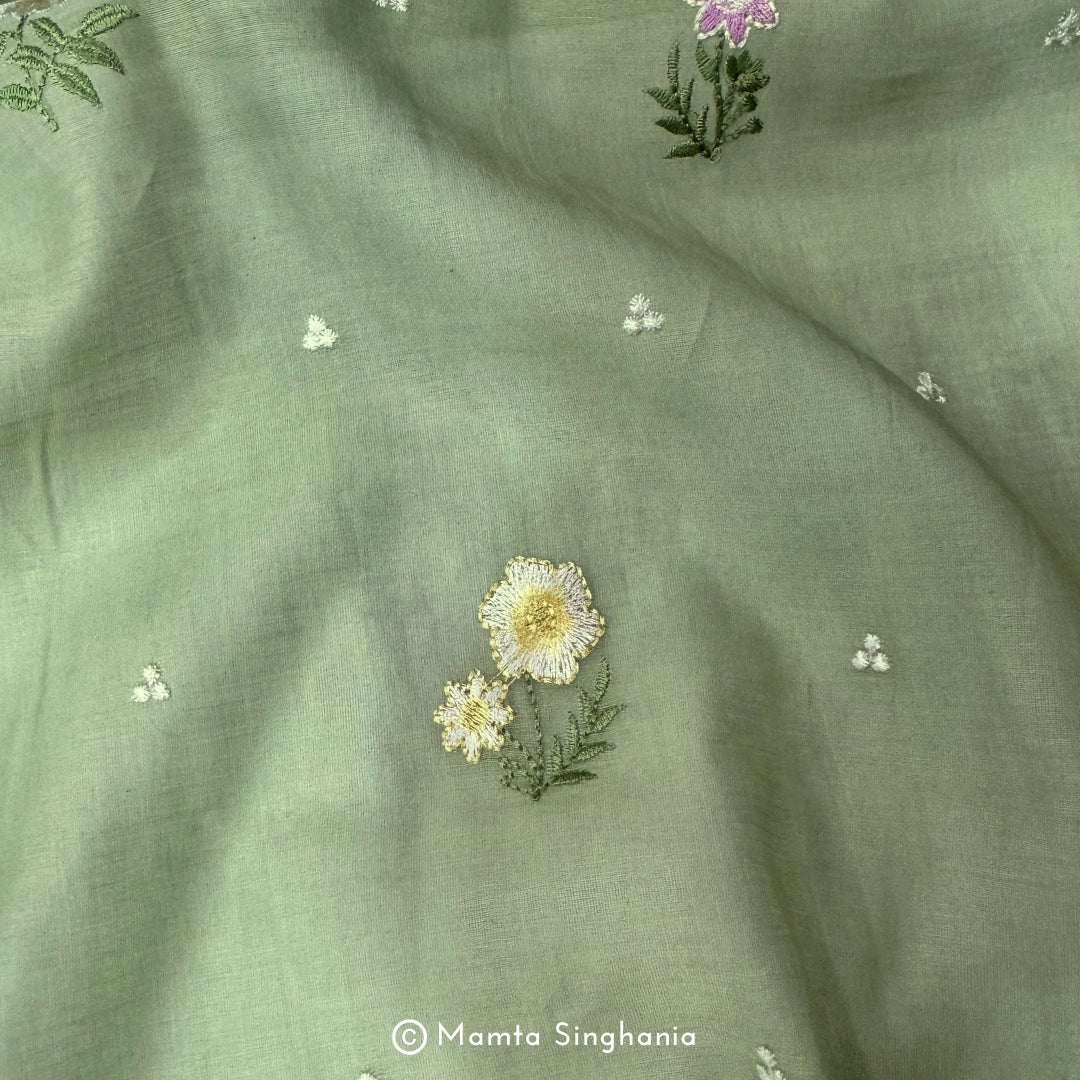Green Floral Embroidered Chanderi Fabric