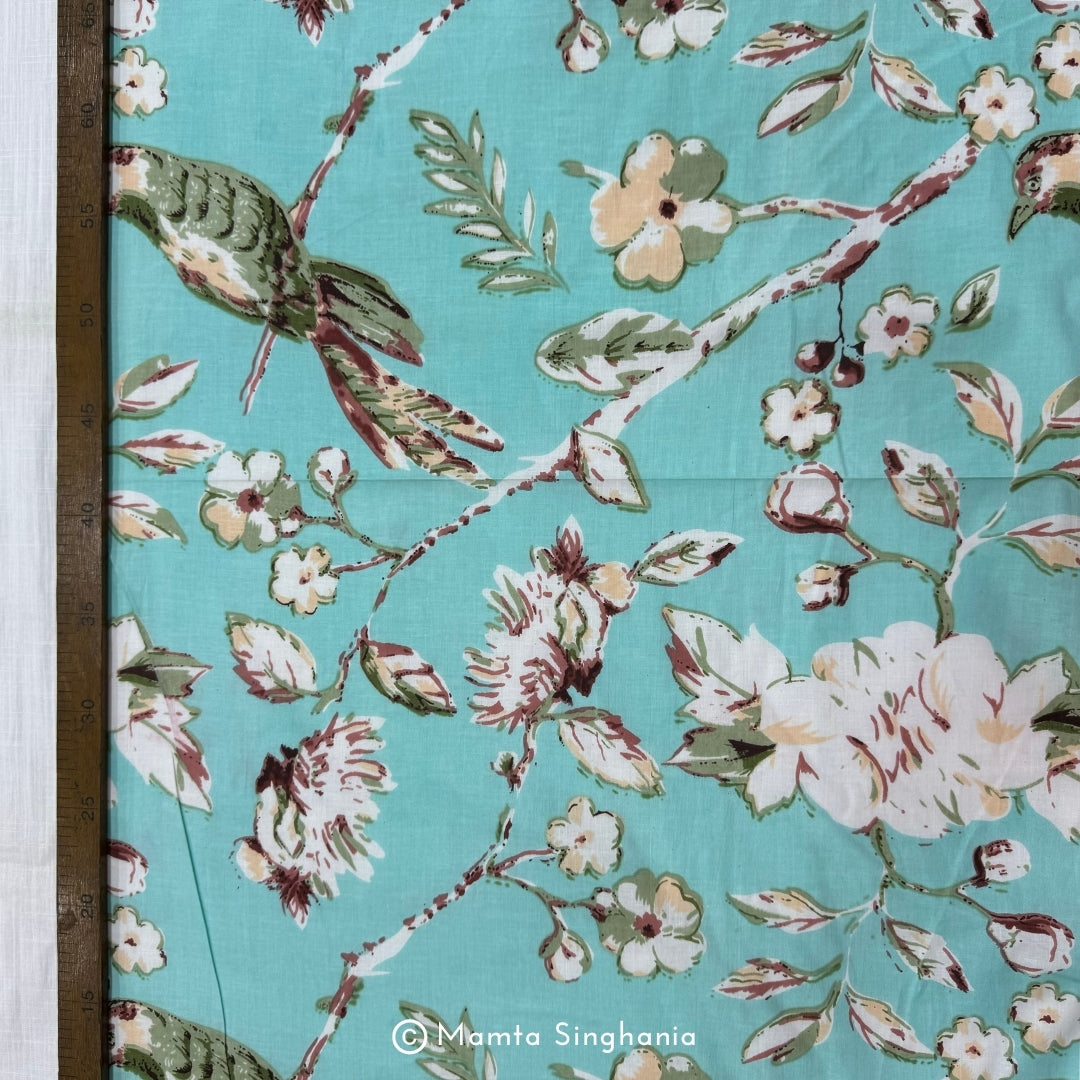 Blue Floral Bird Printed Cotton Fabric