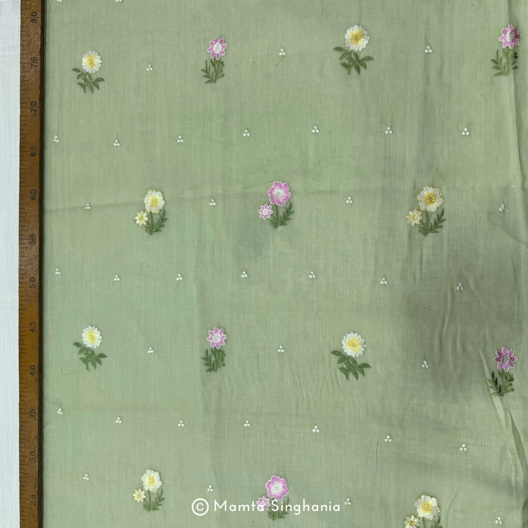 Green Floral Embroidered Chanderi Fabric